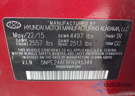 2015 Hyundai Sonata Se z USA, uszkodzony, nr VIN 5NPE24AF8FH245344